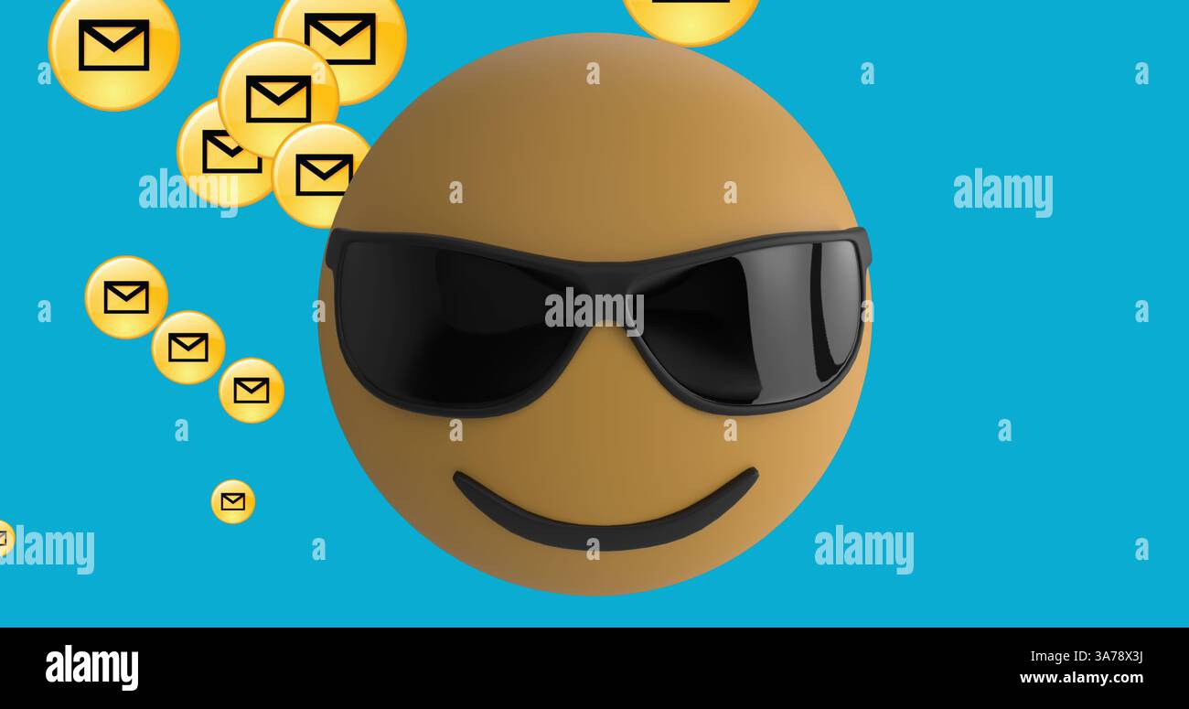 Immagine dell'icona emoji con occhiali da sole con icone e-mail su sfondo blu Foto Stock