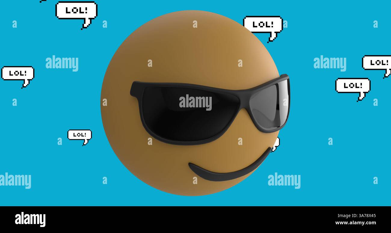 Immagine dell'icona emoji con occhiali da sole con testo lol su sfondo blu Foto Stock