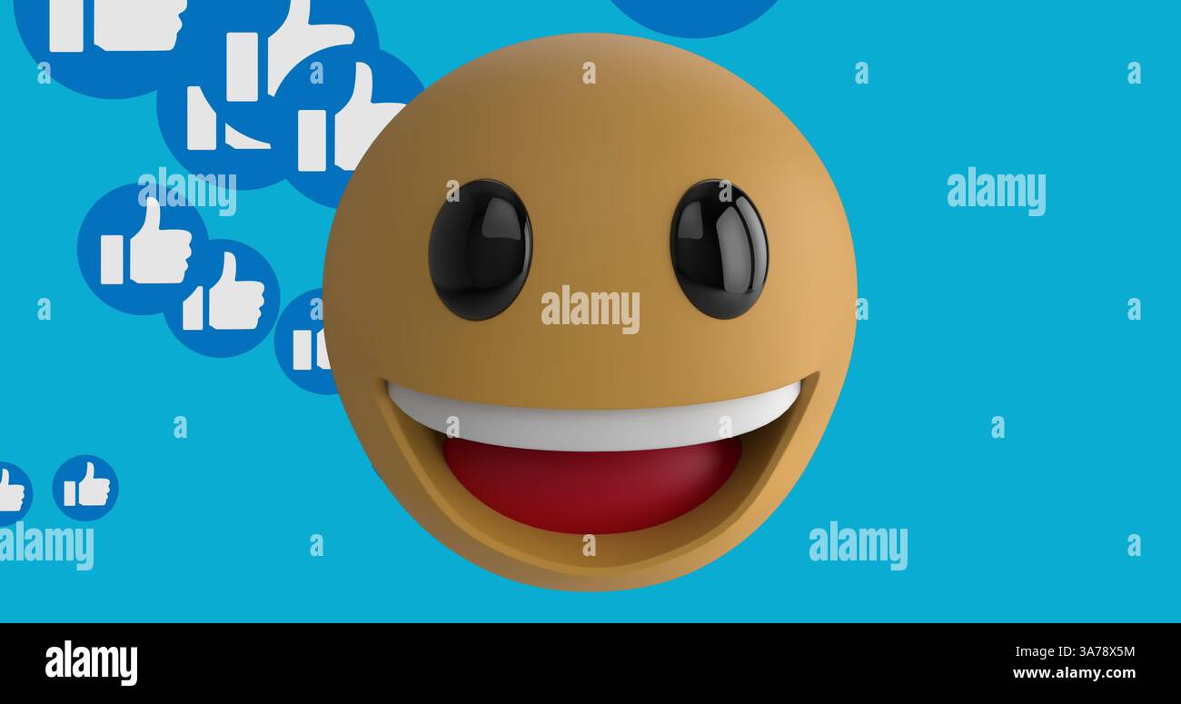 Immagine di un'icona emoji sorridente con occhiali da sole e icone con i pollici su sfondo blu Foto Stock