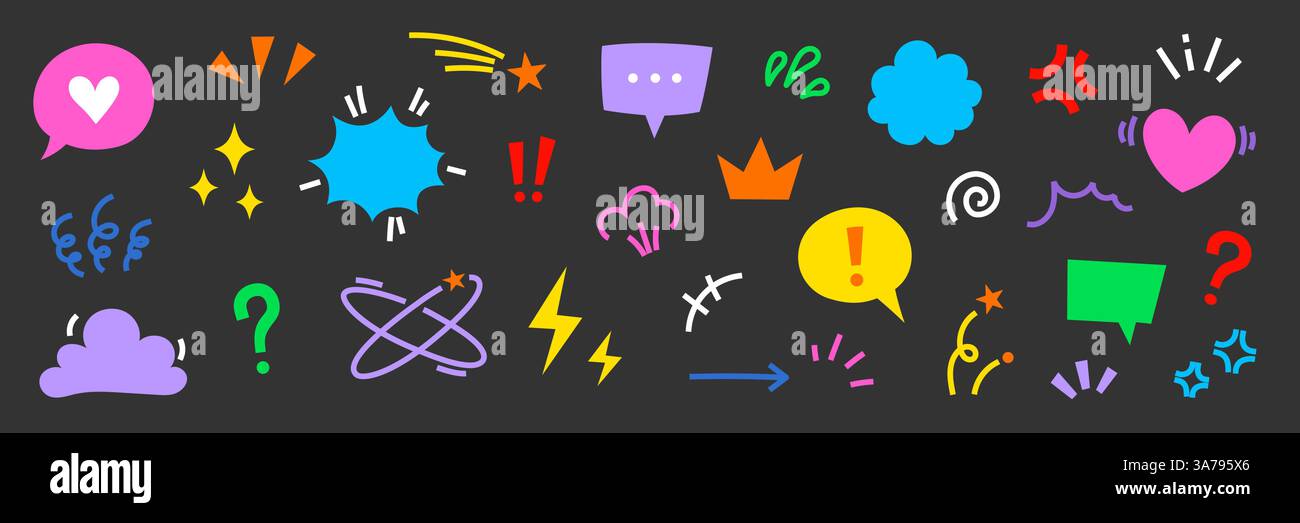 Set di icone di elementi di effetto fumetto fumettistico con fumetti. Fumetto simpatico, emoji, scintilla stellare, icona vettoriale cartoni animati movimento linea. Delinea il cuore di doodle, la freccia, la scintilla divertente. Illustrazione vettoriale Illustrazione Vettoriale