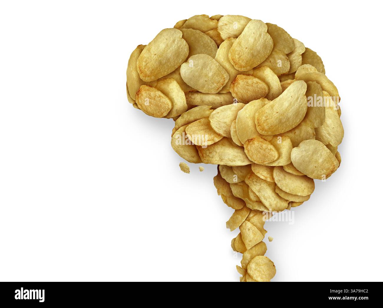Sale e depressione e simbolo di dipendenza da cibo spazzatura come un gruppo di chip salati che rappresentano un cervello umano come una connessione psicologica e neurologica con ea Foto Stock
