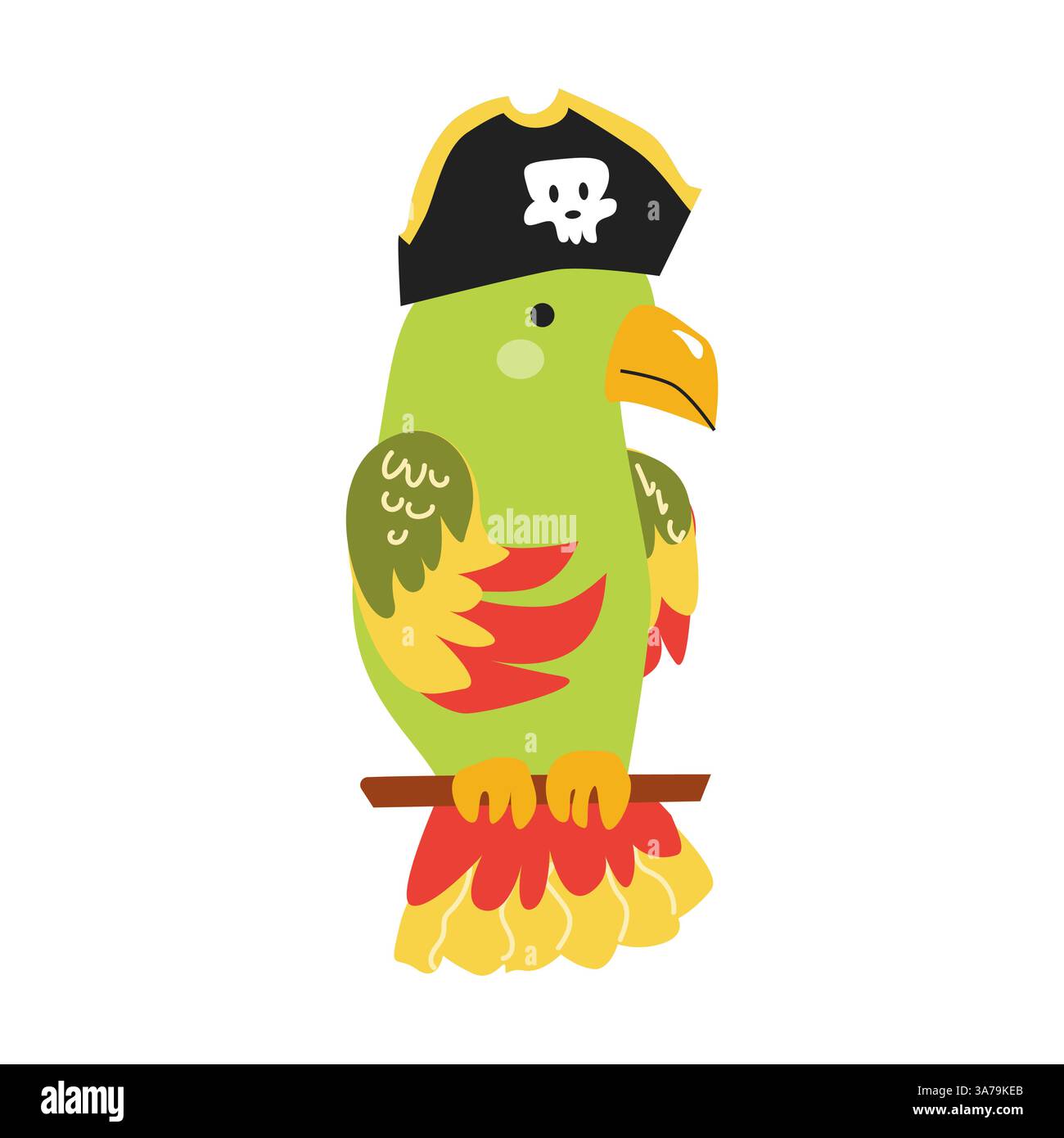Colorato pappagallo pirata con cappello appollaiato su bastone di legno. Illustrazione Vettoriale