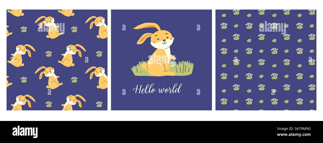 Simpatici animali della foresta con conigli giocosi per il design dei bambini. Illustrazione Vettoriale