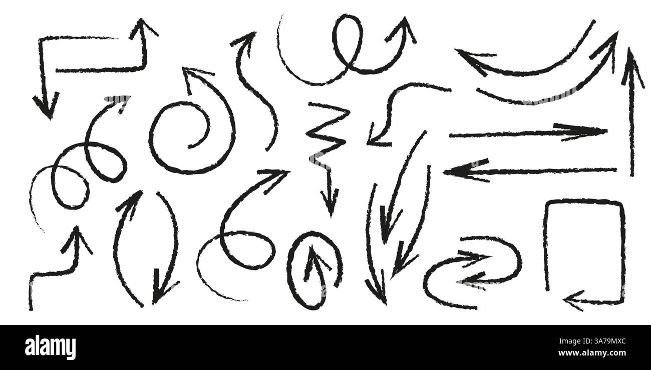 Set di frecce per pastelli disegnate a mano - varie forme curve, dritte, ritorte con spessore e direzione diversi. Puntatori a mano libera, indicatori delle mappe, simboli di navigazione grunge per l'interfaccia utente, design dei segni. Illustrazione Vettoriale