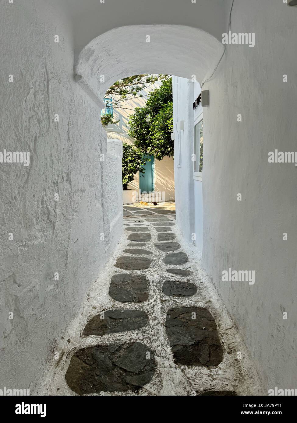 Una vista incantevole lungo un vicolo stretto nel quartiere di Little Venice a Mykonos in Grecia. Foto Stock