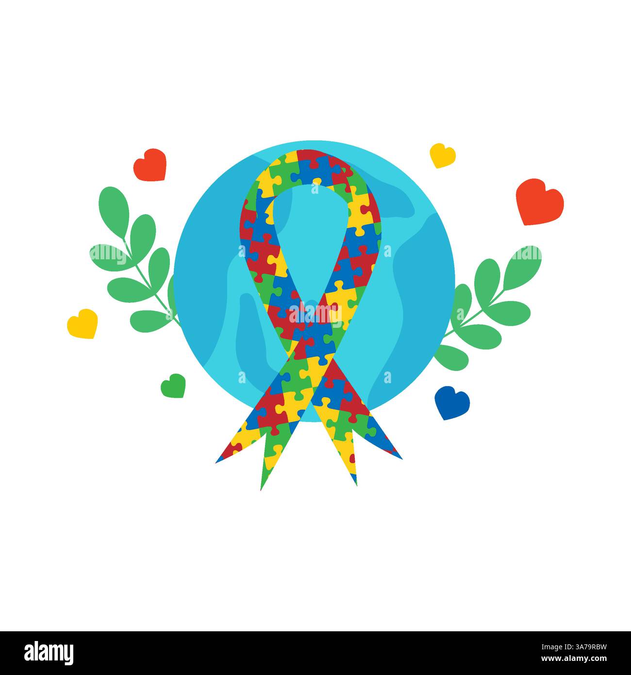 Nastro di consapevolezza dell'autismo globale con cuori e foglie Illustrazione Vettoriale