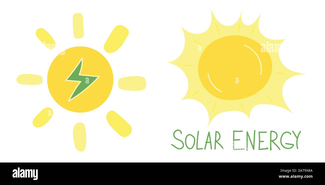 Doppia grafica Sun con un fulmine che simboleggia l'elettricità rinnovabile, l'innovazione solare e l'efficienza energetica per un'energia sostenibile ed ecologica Illustrazione Vettoriale