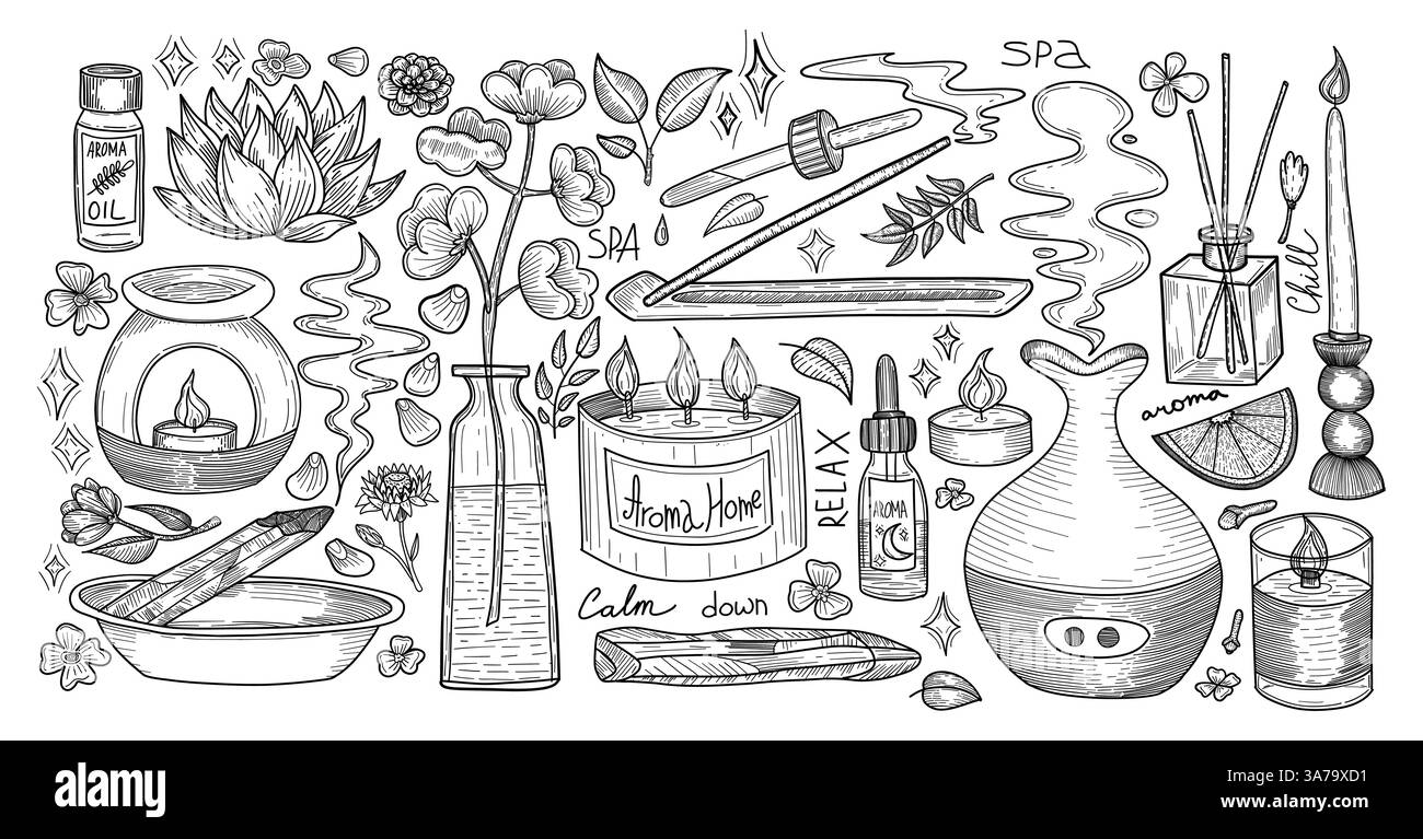 Grande set di schizzi di aromaterapia con candele, diffusore, oli, elementi termali ed erbe aromatiche. Ottimo per contenuti benessere, temi relax e olio essenziale Illustrazione Vettoriale