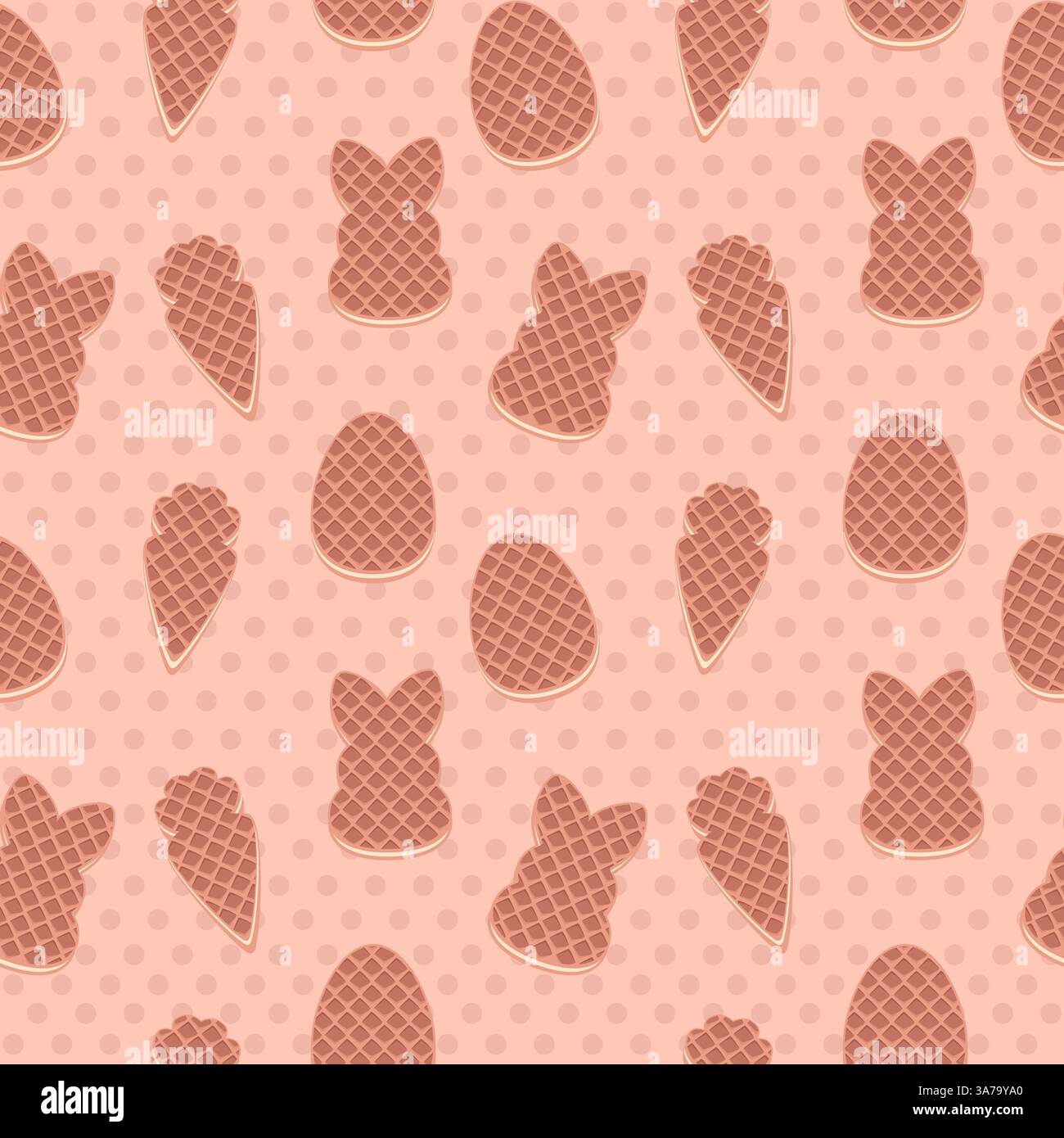 Cialde senza cuciture, biscotti con simboli pasquali. sfondo rosa chiaro per tessuti, stampe, tessuti, giochi, carta da parati o altro... Illustrazione Vettoriale