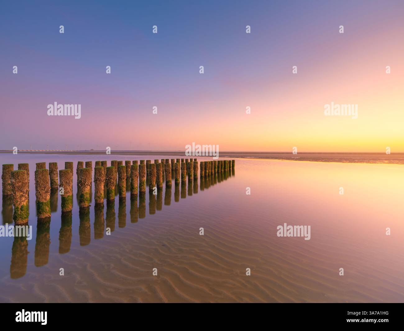 Tramonto in una splendida serata sulla spiaggia con un cielo colorato e la luce del sole dorata nella Zelanda, Paesi Bassi Foto Stock Tramonto in una splendida serata sulla spiaggia con un cielo colorato e la luce del sole dorata nella Zelanda, Paesi Bassi Foto Stock