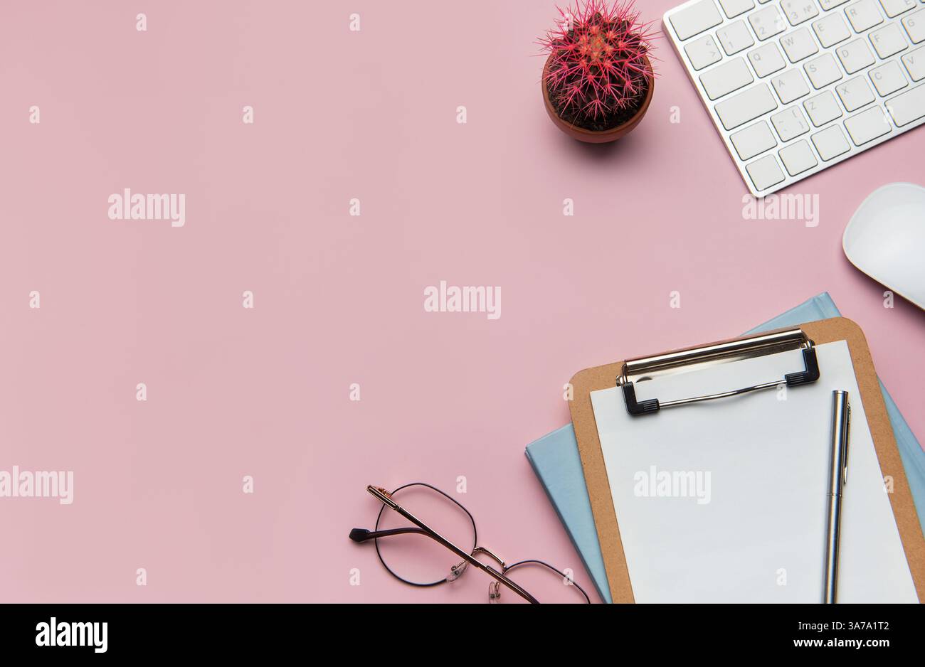 Scrivania da ufficio con tastiera, mouse, appunti, occhiali e cactus su sfondo rosa con spazio per le copie Foto Stock