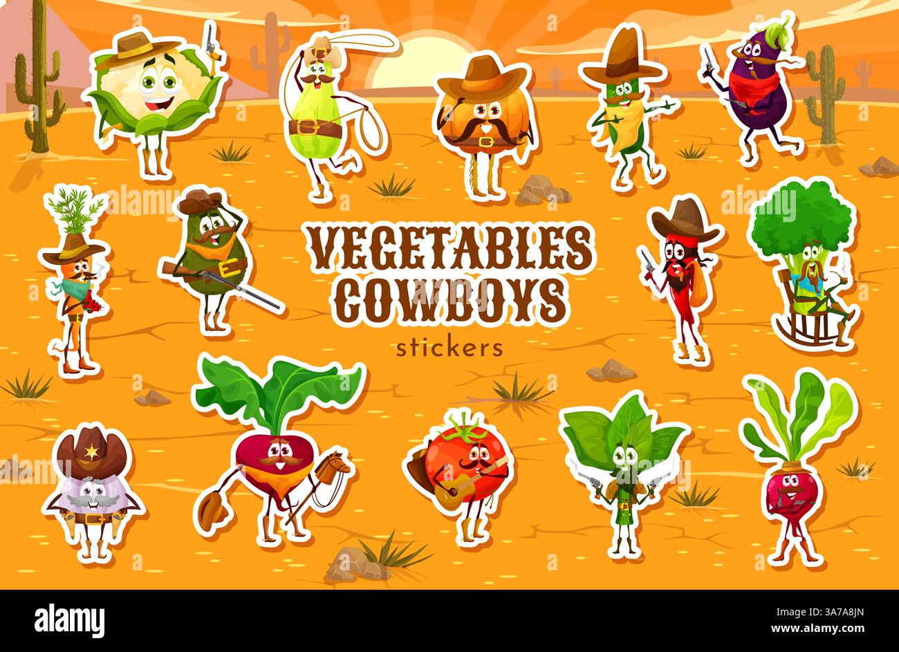 Cowboy vegetale, sceriffo e personaggi banditi, confezione di adesivi. Patch western divertenti e avventurose con personaggi veg vestiti da allevatori del selvaggio West con cappelli, pistole, lassos e chitarre Illustrazione Vettoriale