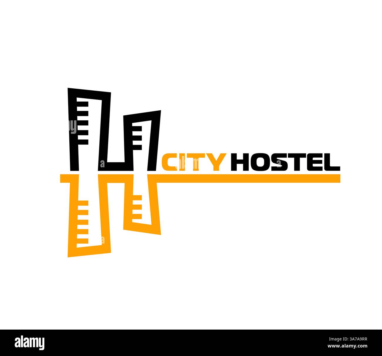 Icona dell'hotel ostello cittadino con edifici stilizzati che formano la lettera H in nero e giallo. L'emblema Vector rappresenta alloggi urbani, viaggi e alloggi economici per un marchio di ospitalità contemporanea Illustrazione Vettoriale