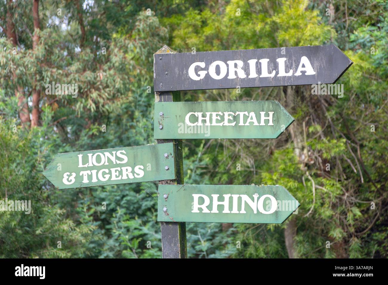 Cartelli per recinti di animali presso Orana Wildlife Park, Mcleans Island, Christchurch (Ōtautahi), Canterbury Region, South Island, nuova Zelanda Foto Stock