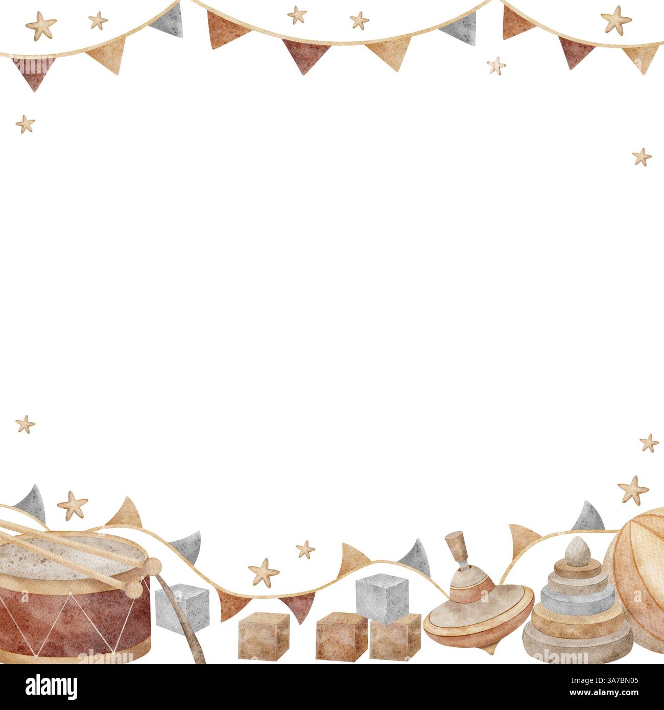 Incorniciate i giocattoli vintage con una ghirlanda di bandiere. Illustrazione ad acquerello disegnata a mano in stile retrò su sfondo bianco. Sagoma quadrata con spazio per Foto Stock
