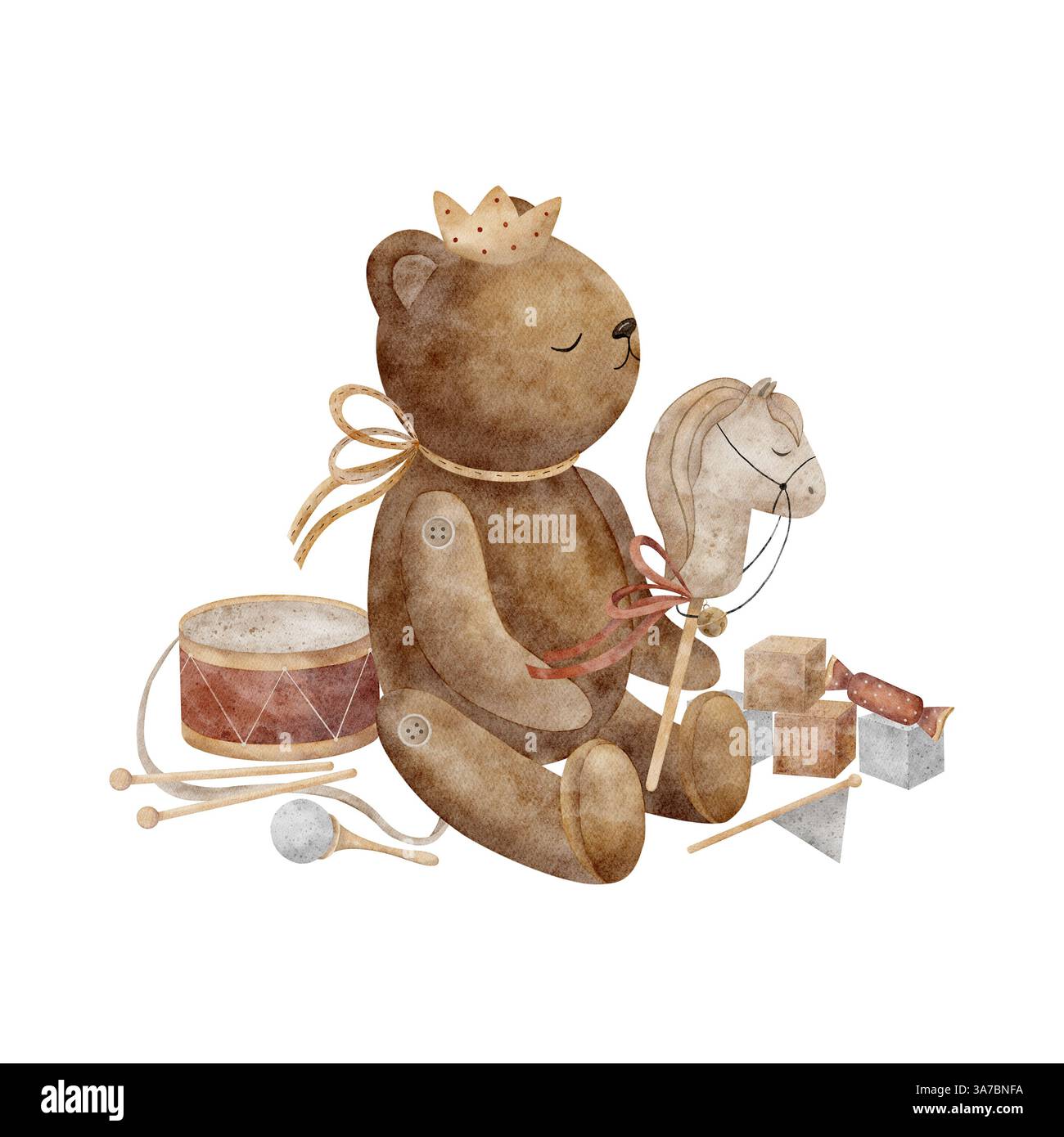 Princess Teddy Bear in una corona suona vecchi giocattoli cavallo su un bastone, tamburo, cubi. Illustrazione ad acquerello disegnata a mano in stile cartoni animati su isolata Foto Stock