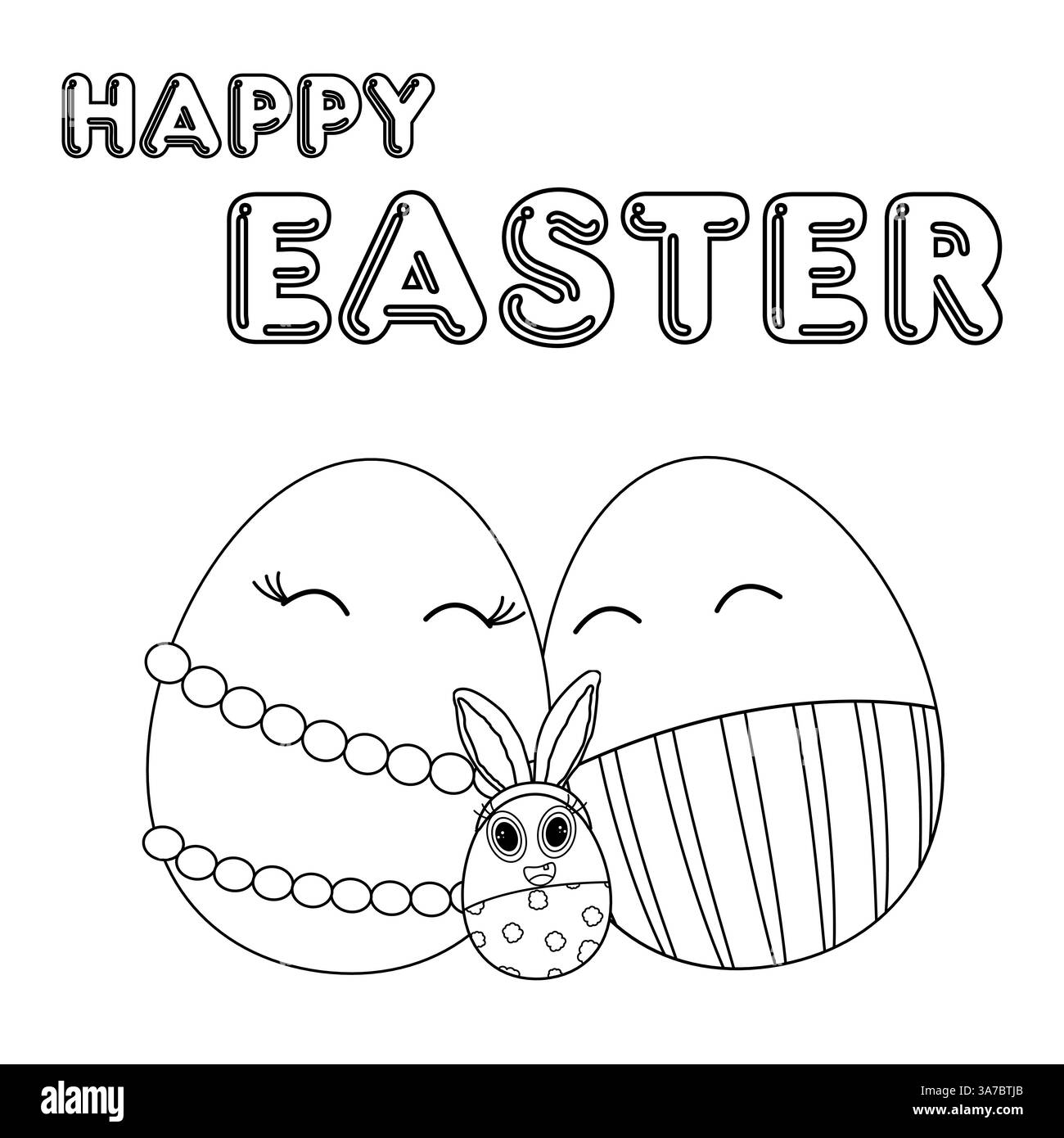 Pagina colorata monocromatica con uova di Pasqua antropomorfe di famiglia sorridenti e un coniglietto di Pasqua con testo - buona Pasqua -. Illustrazione Vettoriale