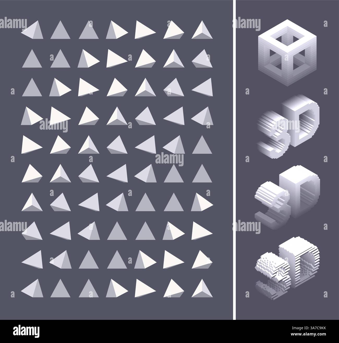 Parola 3D. Concetto di lettere tridimensionali. Cubo a reticolo. Collezione in stile voxel art. Piramidi in uno spazio vuoto. Sfondo dinamico astratto. VECTO Illustrazione Vettoriale