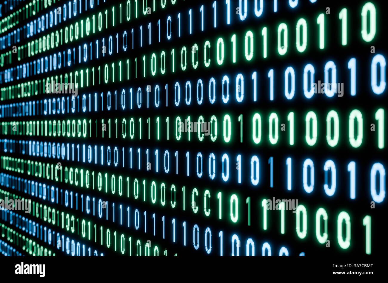 Primo piano codice binario primo piano. Lingua del computer, sistema di rete, digitale, bit e byte. Software, rete, big data, codifica, informazioni e tecnologia blockchain, configurazione. Illustrazione 3D img Technology 028s02 binary code Foto Stock