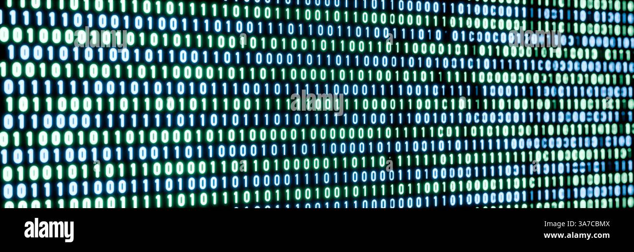 Codice binario, sistema informatico, software. Codice binario, sistema informatico, software. Rete, big data, codifica, informazioni e tecnologia blockchain, configurazione. Illustrazione 3D img Technology 028s04 binary code Foto Stock