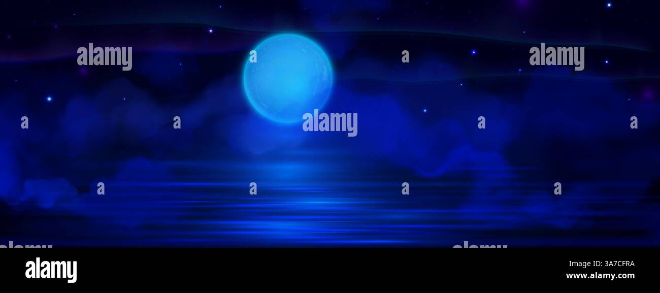 Sfondo del cielo notturno illuminato dalla luna - fumo blu da sogno, nebbia nebbia nebulizzata sulla superficie dell'acqua calma, paesaggio mistico di mezzanotte con riflessi luminosi sulla luna piena, illustrazione di paesaggi naturali eterei e fantasiosi. Illustrazione Vettoriale