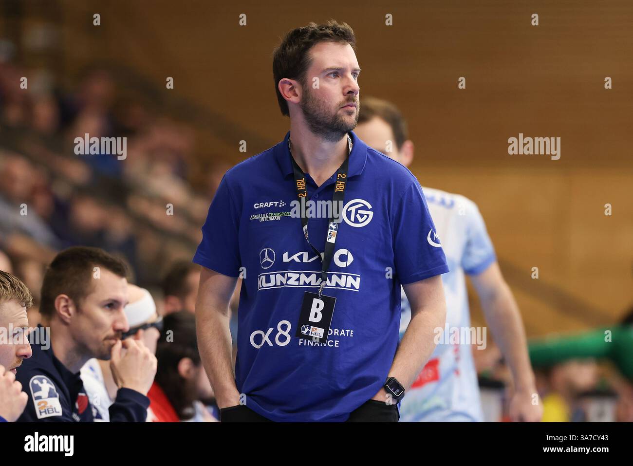 Elsenfeld, Germania. 26 marzo 2025. 2025.03.26 xJFx Elsenfeld-Untermainhalle 2. Handball-Bundesliga 2024/25, TV Großwallstadt - HSC 2000 Coburg von Links, allenatore Andre Lohrbach (TV Großwallstadt) crediti: dpa/Alamy Live News Foto Stock