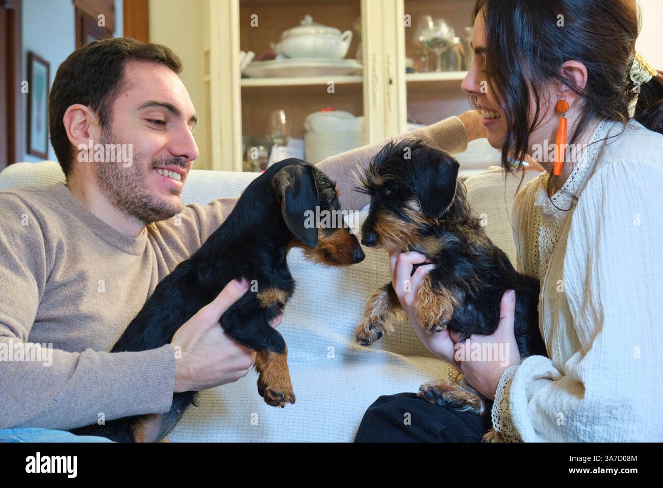 Coppia sorridente che tiene in mano due cani di piccola taglia e si diverte insieme su un comodo divano nel loro soggiorno Foto Stock