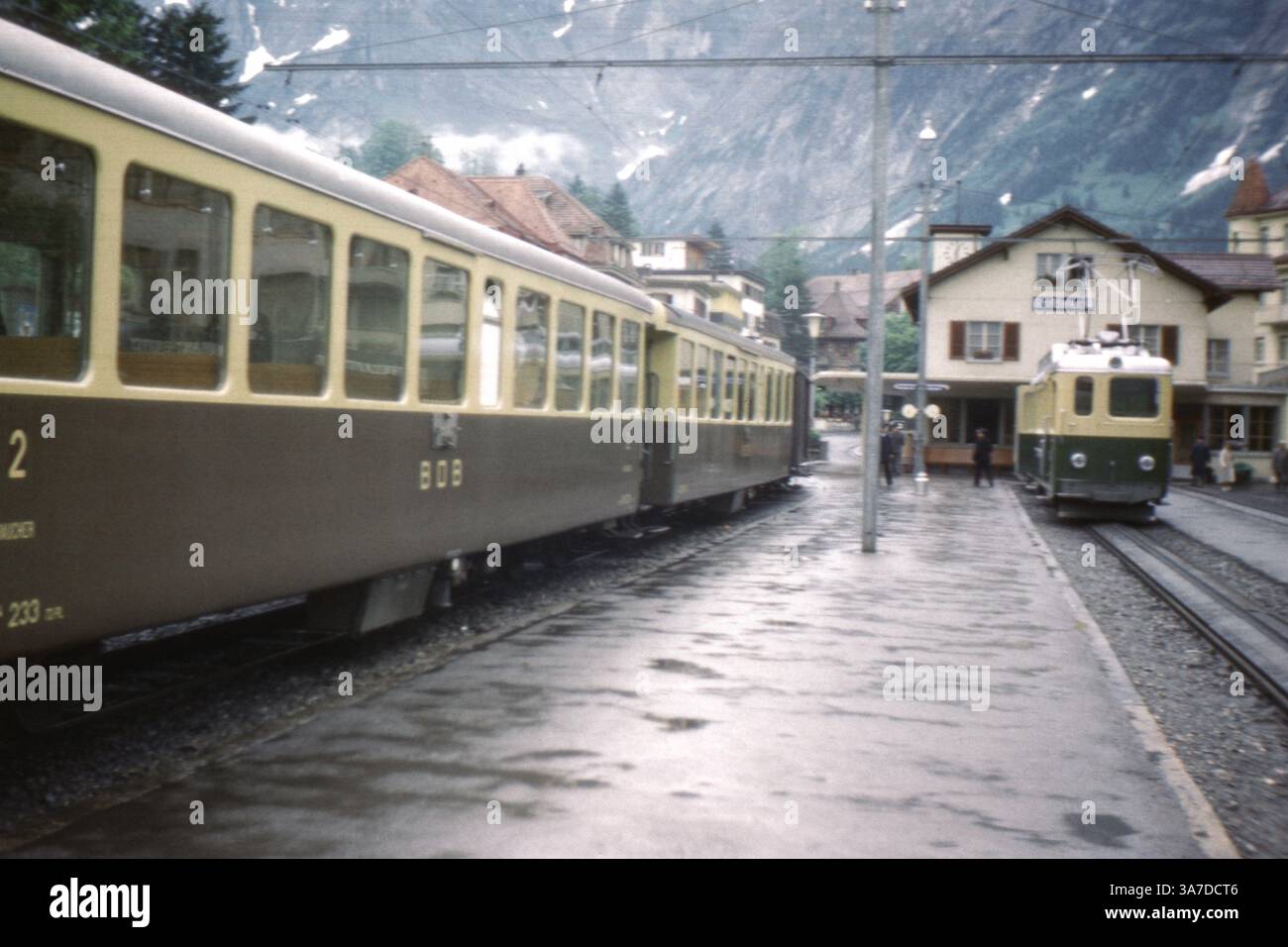 Stazione ferroviaria di Grindelwald in Svizzera, fotografata nei primi anni '1960 Questa stazione, situata nell'Oberland bernese, è un punto di accesso chiave per i viaggiatori sulla Berner Oberland Railway (BOB) e sulla Wengernalpbahn (WAB) che si dirigono nel cuore della regione dello Jungfrau e delle Alpi svizzere. Foto Stock