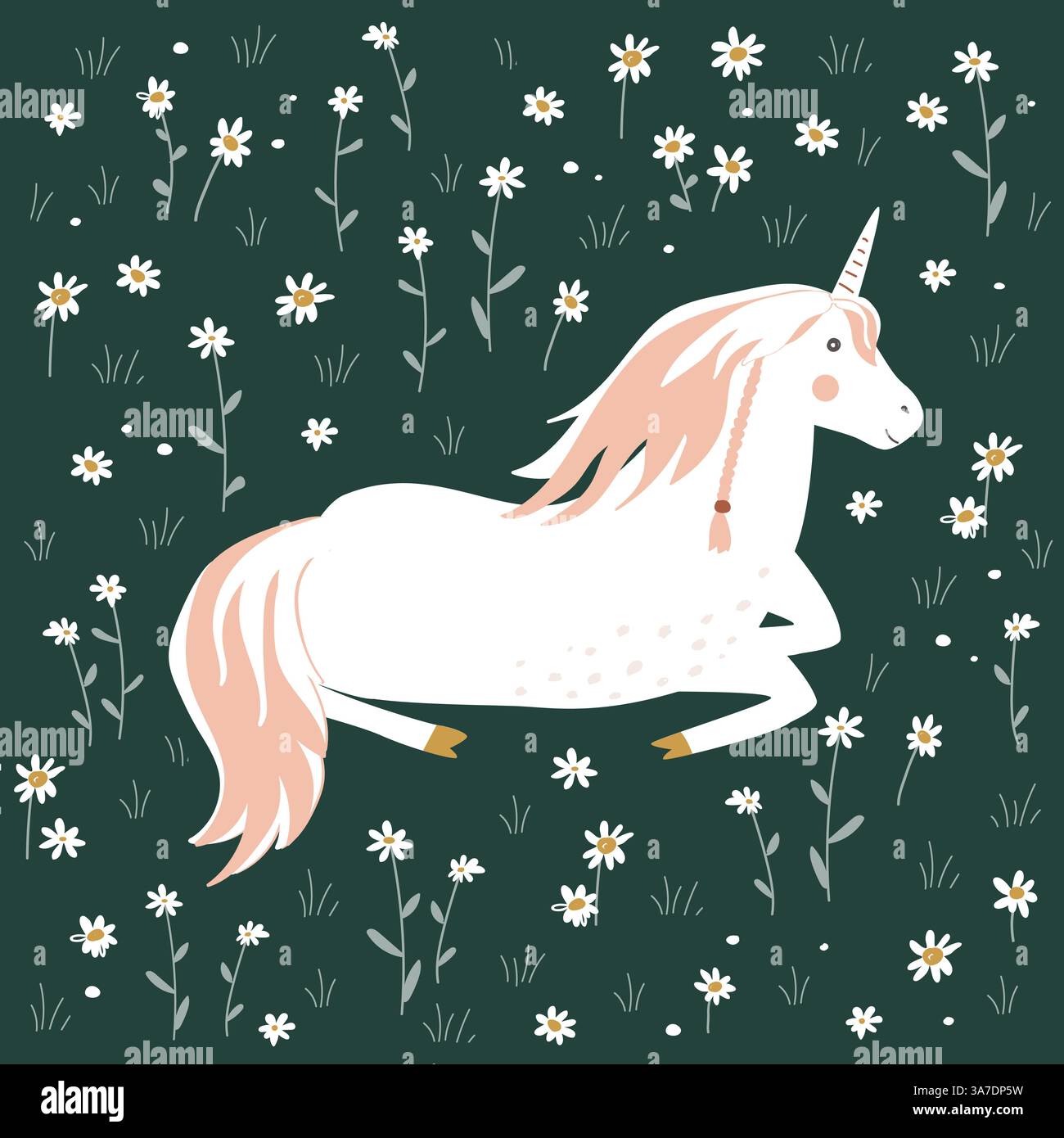 Un simpatico unicorno che giace nel prato fiorito. Illustrazione isolata del cartone animato. Vettore del cavallo delle fate. Illustrazione Vettoriale