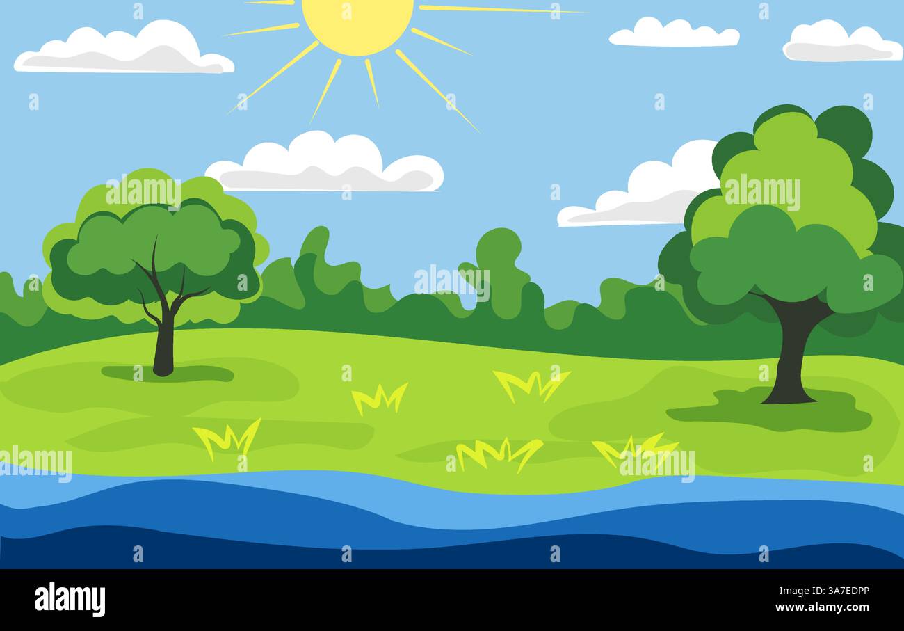 Le famiglie si rilassano in riva al fiume in una luminosa giornata estiva, godendo della bellezza della natura con alberi e nuvole morbide che punteggiano lo skyline. Attività all'aperto Illustrazione Vettoriale