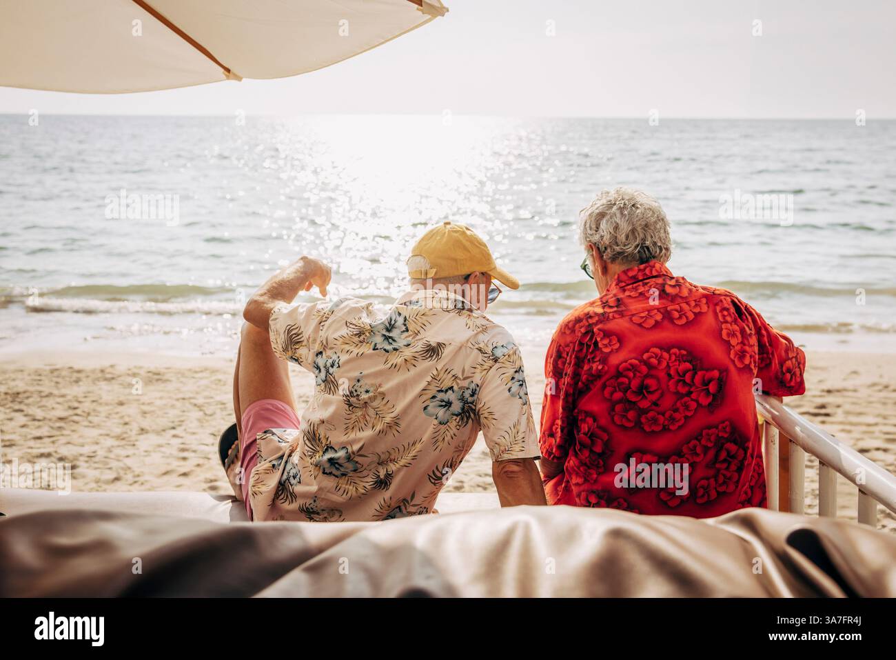 Vista posteriore di coppie gay anziane sedute in spiaggia nelle giornate di sole a Ko Lanta Foto Stock