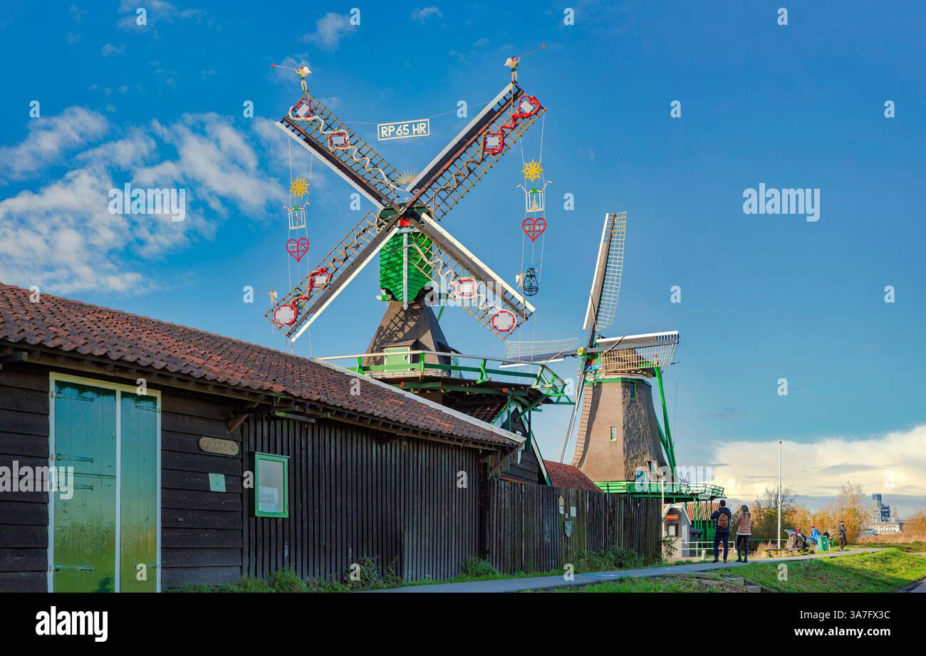 Mulino a vento decorato con Het Klaverblad, mulino a vento De Bonte Hen Foto Stock