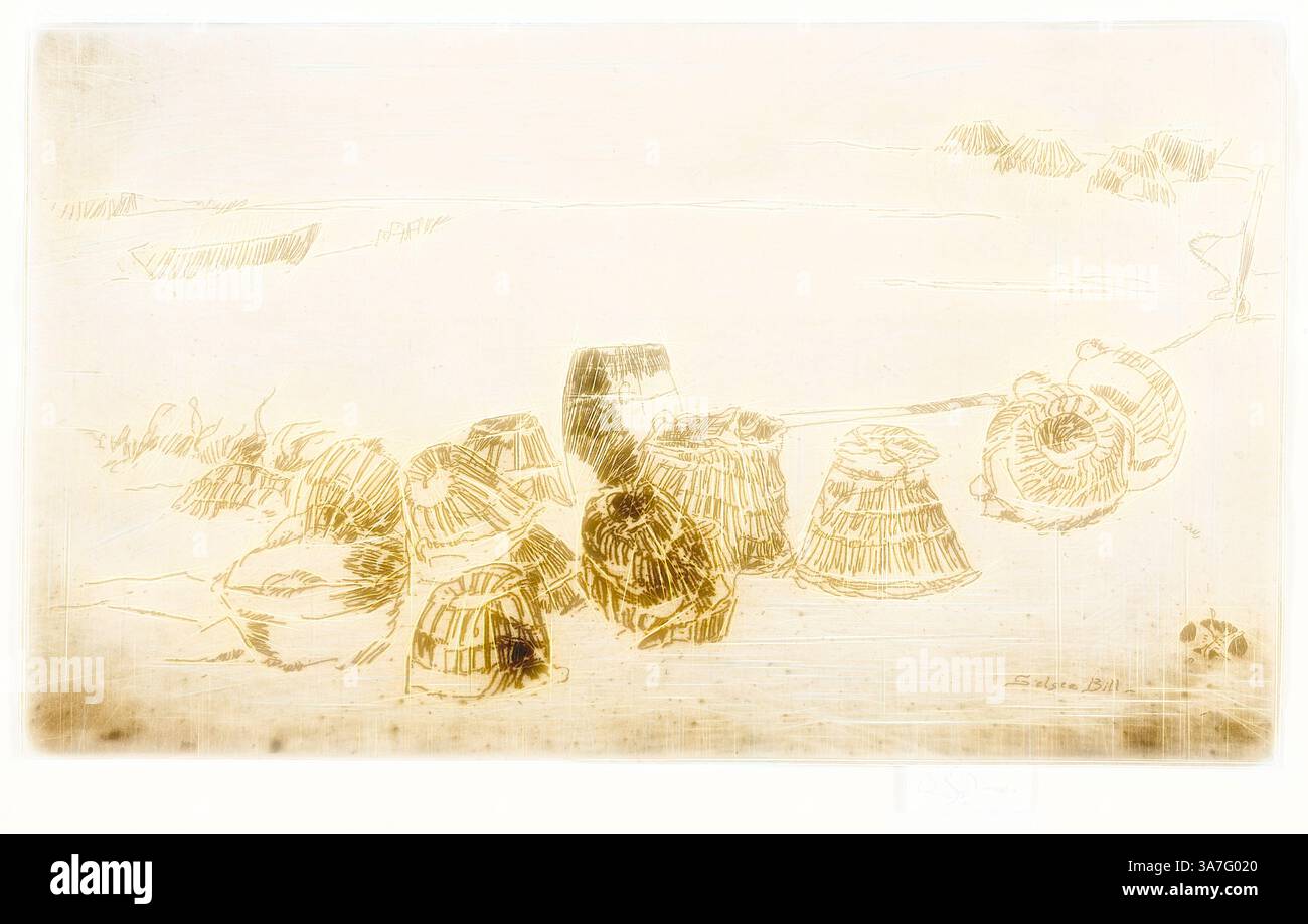 Una tranquilla scena costiera con una collezione di cesti intrecciati sparsi lungo la costa, con dolci onde che si infrangono sullo sfondo. I dettagli intricati dei cesti suggeriscono un legame con l'artigianato tradizionale, evocando un senso di tranquillità e nostalgia., arte classica con un tocco moderno reinventata da Artotop, Lobster Pots, Selsea Bill, 1880/81, James McNeill Whistler, americano, 1834-1903, Stati Uniti, incisione con morso in inchiostro nero su carta posata in avorio Foto Stock