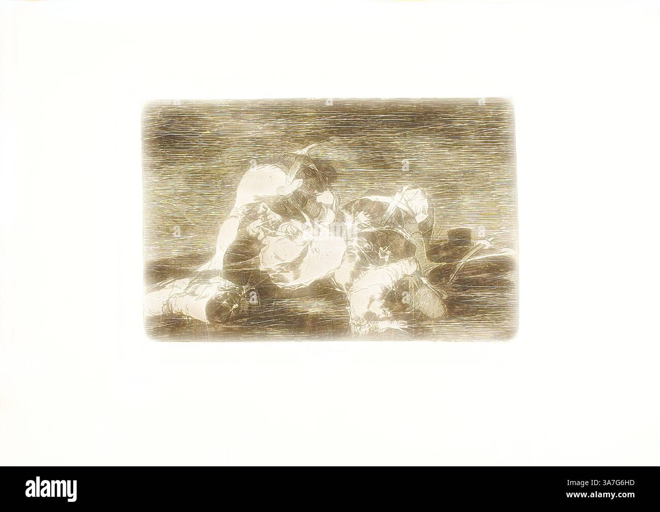 Due figure sono intrecciate in un abbraccio sereno, le loro forme si fondono delicatamente nello spazio circostante. Le linee delicate creano un senso di calore e intimità, catturando un tenero momento di connessione., arte classica con un tocco moderno reinventata da Artotop, nemmeno questo, piatto dieci da disastri di guerra, 1810/15, pubblicato nel 1863, Francisco José de Goya y Lucientes, spagnolo, 1746-1828, Spagna, incisione e burin su carta tessuta d'avorio con bordi dorati Foto Stock