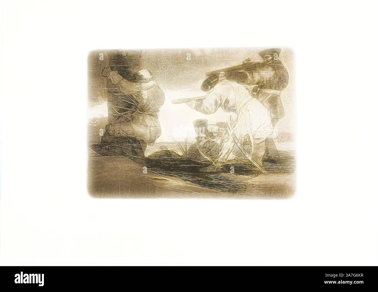 Una scena drammatica che raffigura soldati in azione, impegnati in una battaglia con cannoni e fucili in uno scenario tumultuoso. Le figure sono catturate in un momento di intensa messa a fuoco, mettendo in evidenza il caos e l'urgenza della guerra., arte classica con un tocco moderno reinventata da Artotop, Barbarians!, piatto 38 da The Disasters of War, 1812/15, pubblicato nel 1863, Francisco José de Goya y Lucientes, spagnolo, 1746-1828, Spagna, Etching, acquatinta brunita, brunitura e brunitura su carta tessuta in avorio con bordi dorati Foto Stock