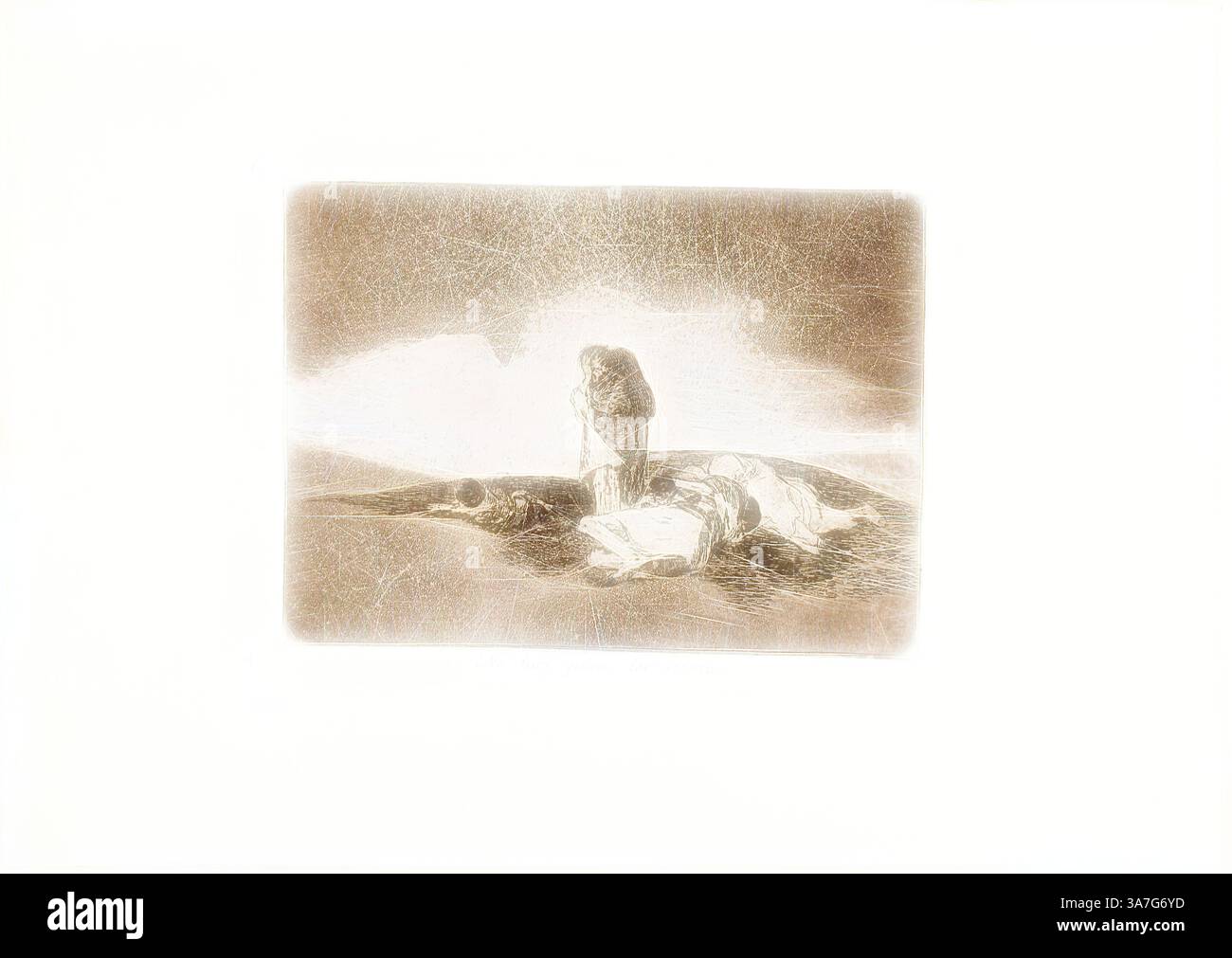 Una scena solenne raffigura due figure che abbracciano un paesaggio desolato, con le ombre dei corpi caduti nelle vicinanze, evocando temi di perdita e desiderio., arte classica con un tocco moderno reinventata da Artotop, non c'è nessuno che li aiuti, piatto 60 da i disastri della guerra, 1812/15, pubblicato nel 1863, Francisco José de Goya y Lucientes, spagnolo, 1746-1828, Spagna, Etching, acquatinta brunita e burin su carta intrecciata in avorio con bordi dorati Foto Stock