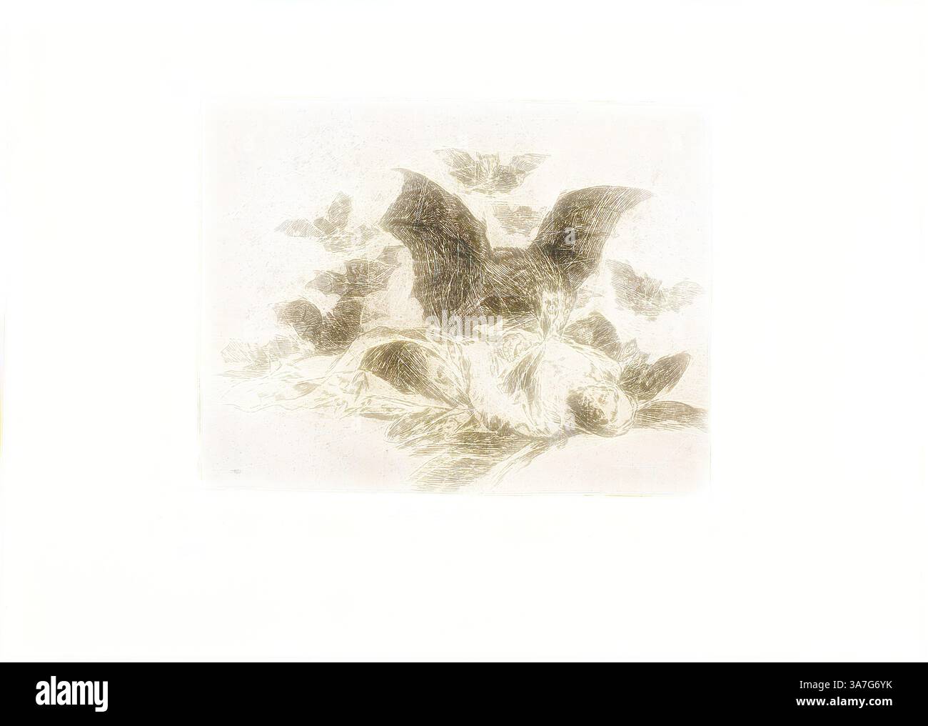 Una scena serena con una figura riposante circondata da creature fluttuanti, che evoca un senso di tranquillità e connessione con la natura., arte classica con un tocco moderno reinventata da Artotop, le conseguenze, piatto 72 da The Disasters of War, 1815/20, pubblicato nel 1863, Francisco José de Goya y Lucientes, spagnolo, 1746-1828, Spagna, incisione su carta tessuta d'avorio con bordi dorati Foto Stock