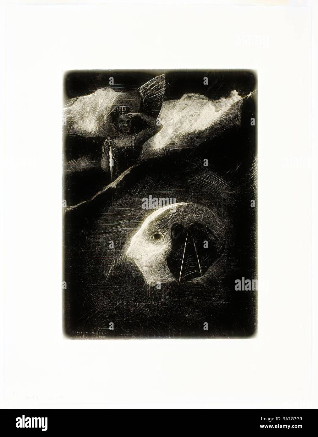 Una composizione surreale con una testa umana frammentata e forme astratte, con figure eteree e forme che evocano un senso di introspezione e la complessità della mente., arte classica con un tocco moderno reinventata da Artotop, Limbo, piatto quattro da in Dreams, 1879, Odilon Redon, francese, 1840-1916, Francia, litografia su carta avorio cinese montata Foto Stock