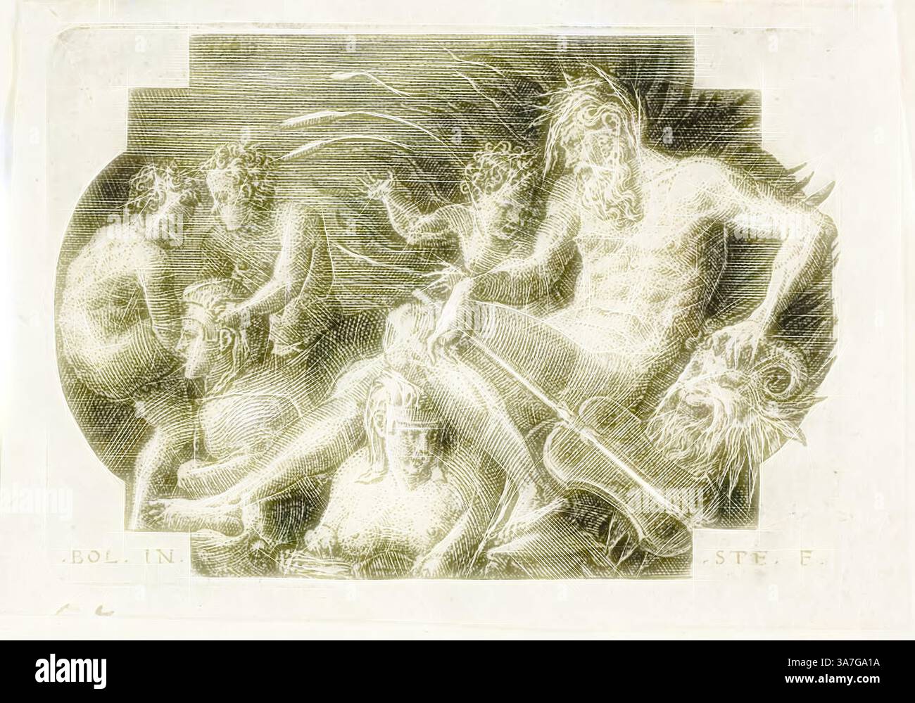 Una scena drammatica raffigurante figure mitologiche impegnate in un momento di intensa interazione, con una figura centrale prominente che trasuda potere e autorità, circondata da altri in varie pose che suggeriscono emozione e movimento, evidenziando temi di forza, conflitto e divino., arte classica con un tocco moderno reinventata da Artotop, il fiume Nilo, 1569, Etienne Delaune, francese, c. 1519-1583, Francia, incisione su carta Foto Stock