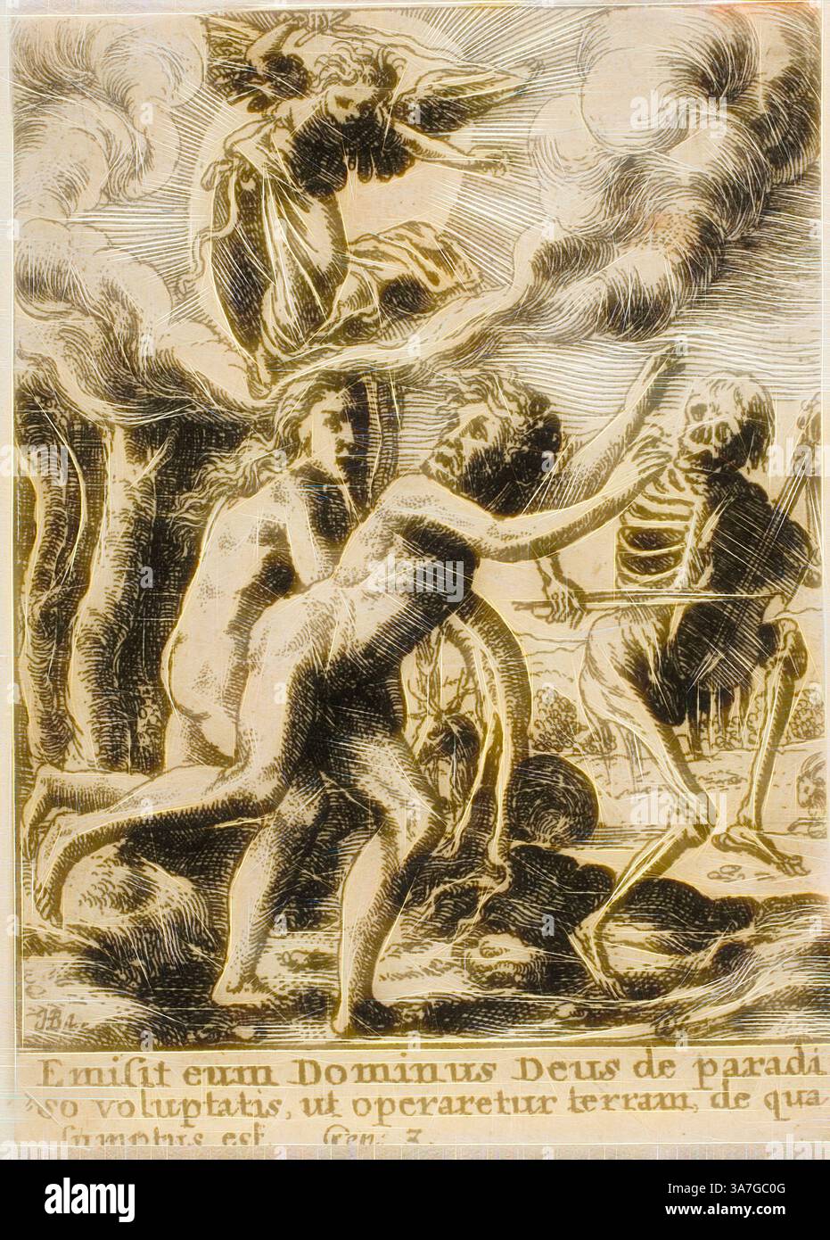 Una scena drammatica raffigurante l'espulsione dal paradiso, con una figura scheletrica in agguato minacciosamente sullo sfondo, mentre due figure, che rappresentano l'umanità, sono mostrate in un momento di vulnerabilità. Le nuvole scure si innalzano in alto, sottolineando la gravità della loro situazione. Una presenza eterea si alza sopra, aggiungendo un senso di giudizio divino alla narrazione., arte classica con un tocco moderno reinventata da Artotop, espulsione dal Paradiso, 1651, Wenceslaus Hollar (ceco, 1607-1677), dopo Hans Holbein il giovane (tedesco, c.1497-1543), Boemia, incisione su carta tessuta avorio Foto Stock