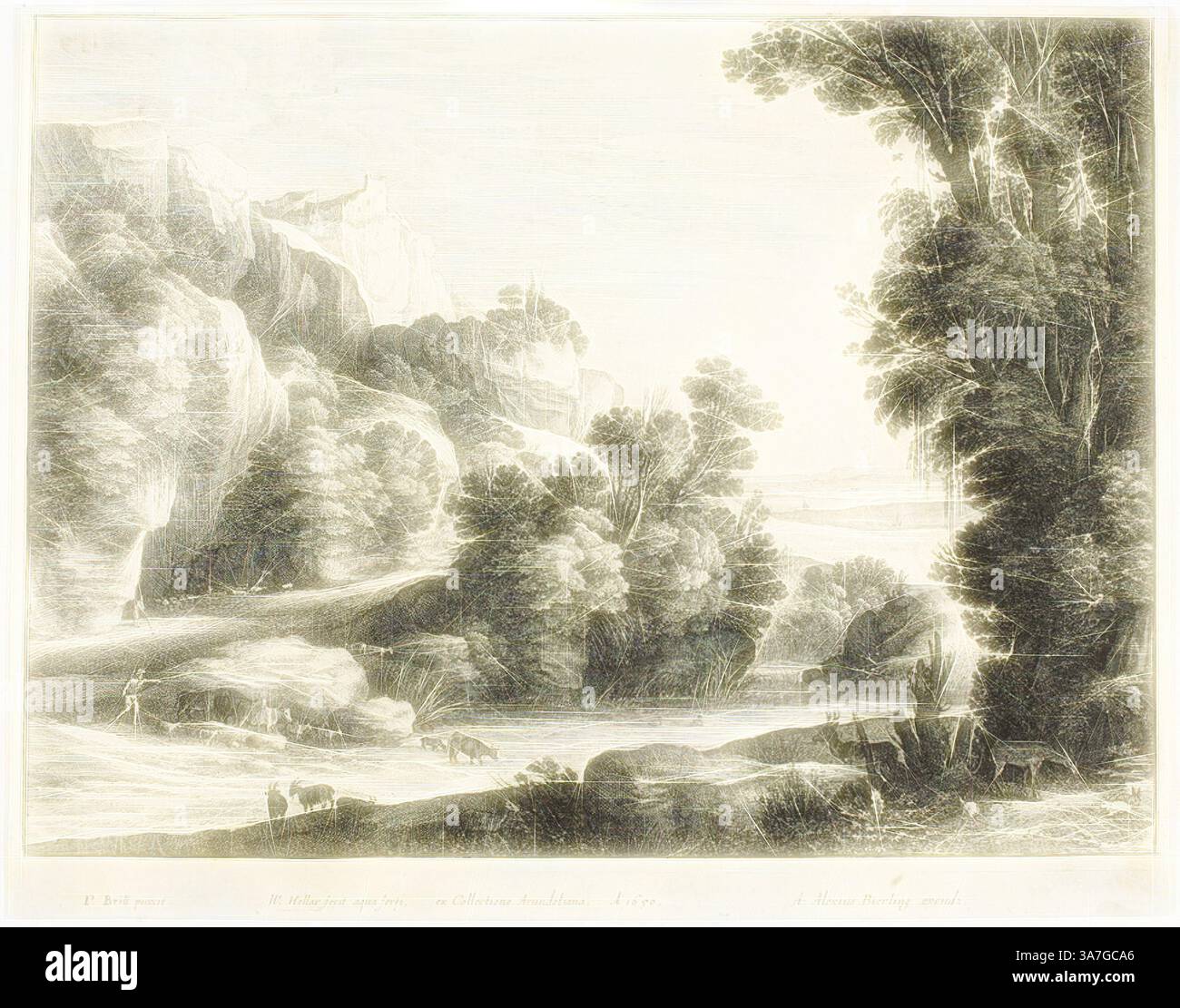 Un tranquillo paesaggio caratterizzato da colline ondulate, alberi torreggianti e un tranquillo corso d'acqua. I bovini pascolano nelle vicinanze mentre le figure si impegnano in varie attività all'aperto, tutte sullo sfondo di scogliere lontane e di un vasto cielo., arte classica con un tocco moderno reinventata da Artotop, Cattle drinking, 1650, Wenceslaus Hollar (ceco, 1607-1677), dopo Paul Bril (fiammingo, 1554-1626), Boemia, incisione su carta posata in avorio Foto Stock