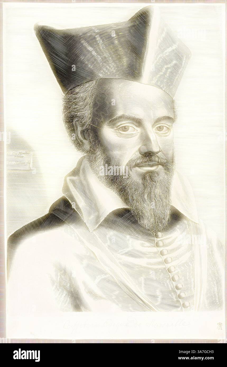Un uomo distinto con una prominente barba e baffi guarda direttamente allo spettatore, indossando un berretto tradizionale e un elegante abito ornato con bottoni. La sua espressione trasmette saggezza e autorità, suggerendo una figura storica o accademica., arte classica con un tocco moderno reinventata da Artotop, Nicolas Coeffeteau, vescovo di Marsiglia, 1623, Claude Mellan (francese, 1598-1688), dopo Daniel Dumonstier (francese, 1574-1645), Francia, incisione in nero su carta posato avorio Foto Stock