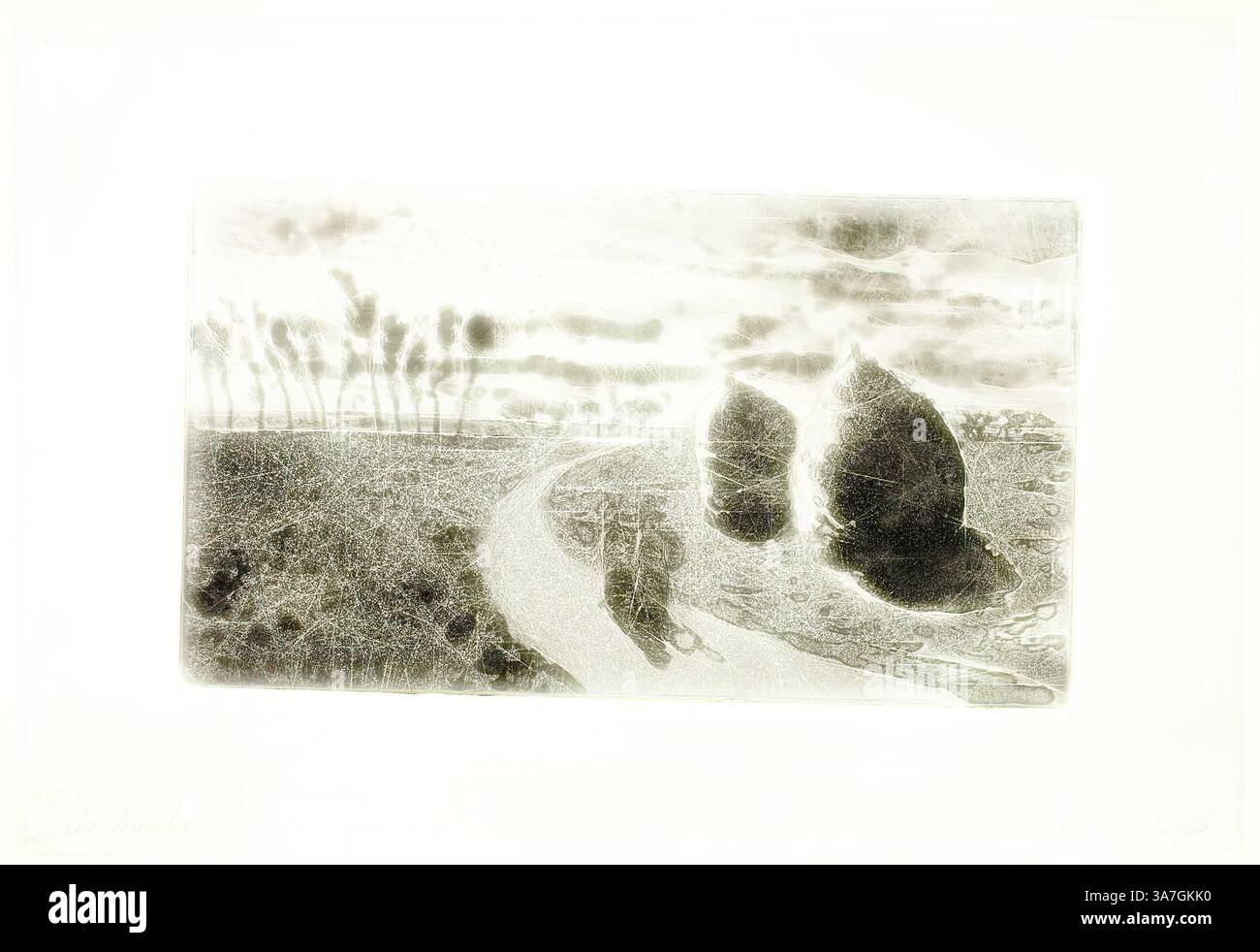 Un sentiero tortuoso conduce attraverso un paesaggio caratterizzato da forme astratte e texture silenziose, con uno sfondo di nuvole morbide e un insieme di alberi in lontananza. La scena cattura un senso di tranquillità e contemplazione., arte classica con un tocco moderno reinventata da Artotop, Twilight with Haystacks, 1879, Camille Pissarro, francese, 1830-1903, Francia, Aquatint, con incisione, in nero su carta bianca Foto Stock