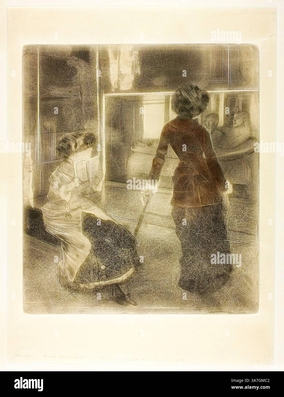 Sono raffigurate due donne elegantemente vestite, una seduta e tenendo in mano un libro, mentre l'altra si alza e guarda in lontananza, un bastone in mano. La scena suggerisce un momento di contemplazione tranquilla, con linee morbide e texture che evocano un senso di nostalgia., arte classica con un tocco moderno reinventata da Artotop, Mary Cassatt al Louvre: The Etruscan Gallery, 1879–80, Edgar Degas, francese, 1834-1917, Francia, acquaforte, acquatinta e acquaforte, con pastello marrone-rossastro, su carta giapponese avorio Foto Stock