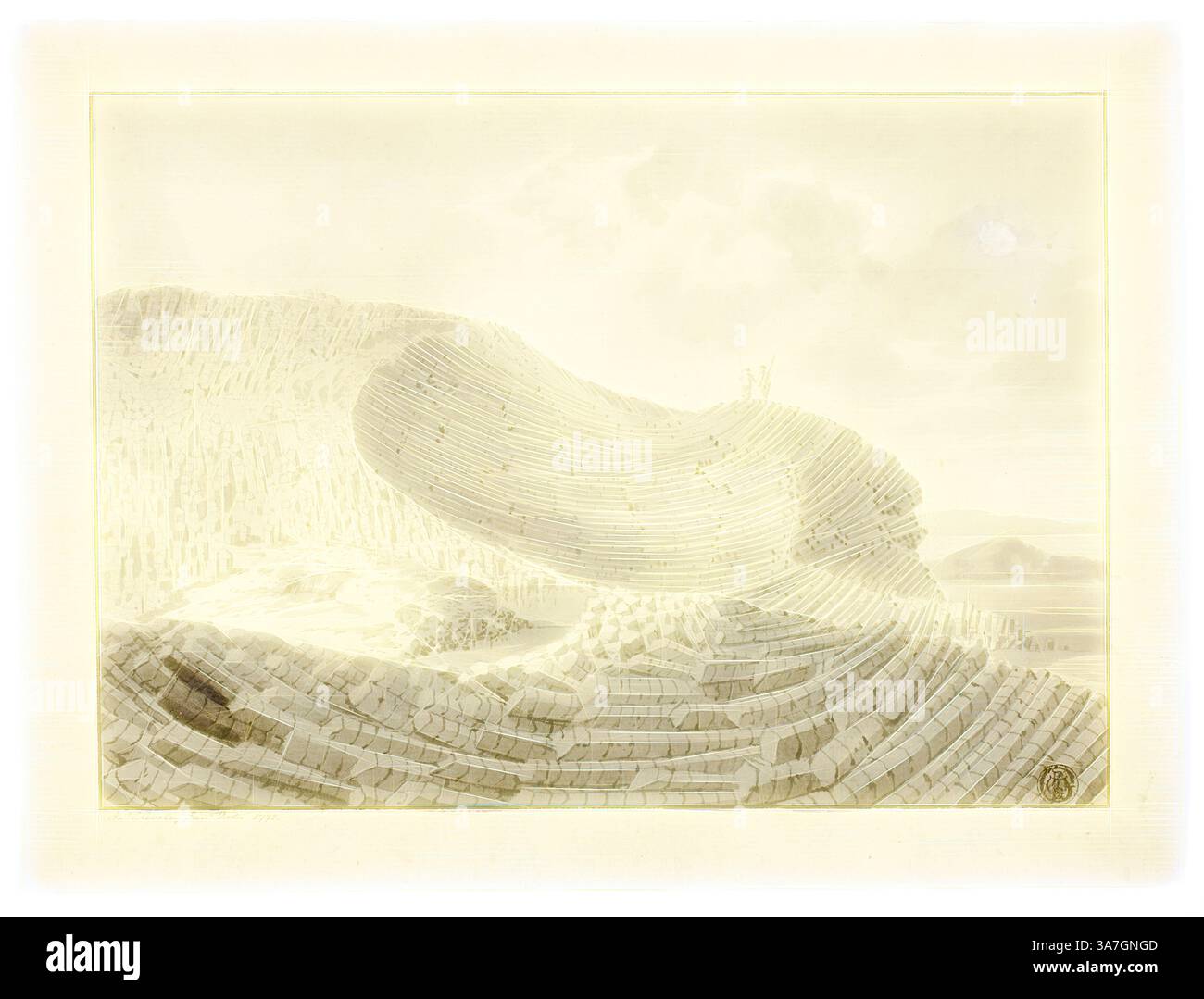 Un paesaggio surreale caratterizzato da colline ondulate e forme curvilinee, stratificate come una serie di terrazze, creando una scena da sogno che fonde la natura con una qualità astratta e architettonica. I contorni morbidi e le ombre delicate evocano un senso di profondità e tranquillità., arte classica con un tocco moderno reinventata da Artotop, Giant's Causeway, 1772, John Michiely, II, inglese, 1747-1786, Inghilterra, penna e inchiostro nero e spazzola e lavaggio grigio con gesso nero, su carta panna Foto Stock