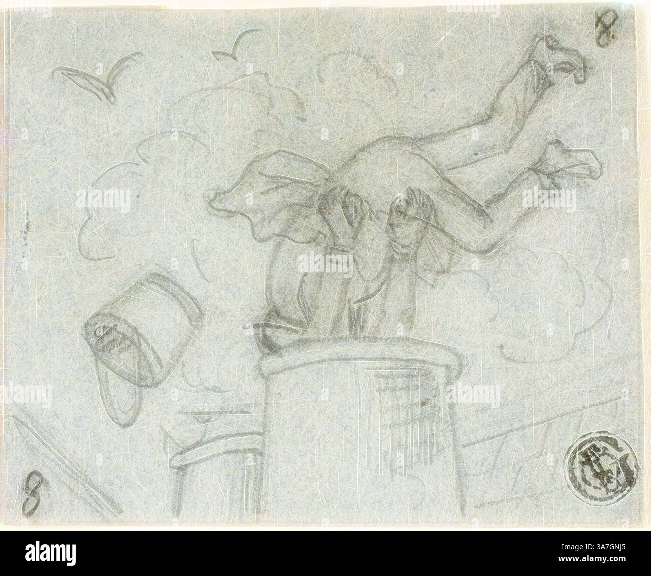 Una rappresentazione stravagante di una figura che emerge giocosamente da una canna, circondata da soffici nuvole e uccelli volanti, che evoca un senso di avventura spensierata., arte classica con un tocco moderno reinventata da Artotop, episodi di White Chapel Life, c. 1850, attribuita a John Leech, inglese, 1817-1864, Inghilterra, grafite su carta blu tessuta Foto Stock