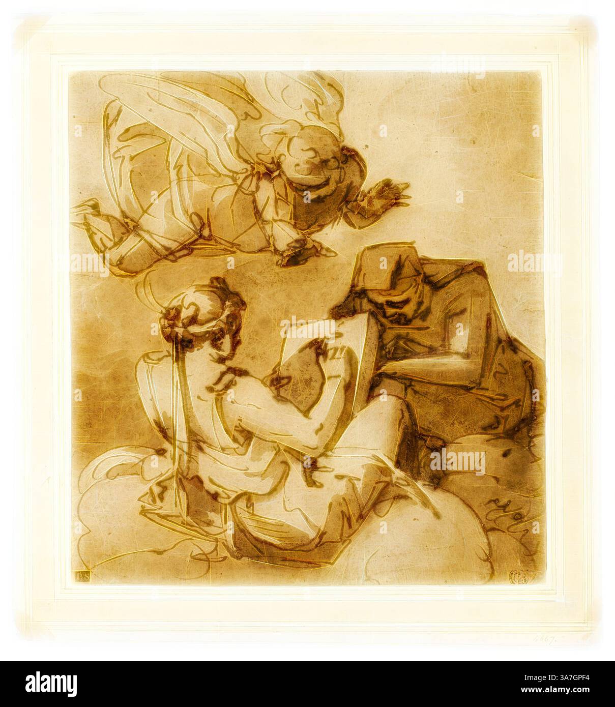 Una figura celeste si libra sopra due individui impegnati nella creazione artistica, con una persona che disegna intensamente mentre l'altra osserva. Nuvole eteree fanno da sfondo, aggiungendo un senso di sognazione alla scena., arte classica con un tocco moderno reinventata da Artotop, soggetto allegorico (Angelo sopra due Sibille), 1560/65, Luca Cambiaso, italiano, 1527-1585, Italia, inchiostro e pennello a penna e ferro da stiro e lavaggio marrone, su carta posata abbronzante, su carta panna, su carta posata in avorio Foto Stock