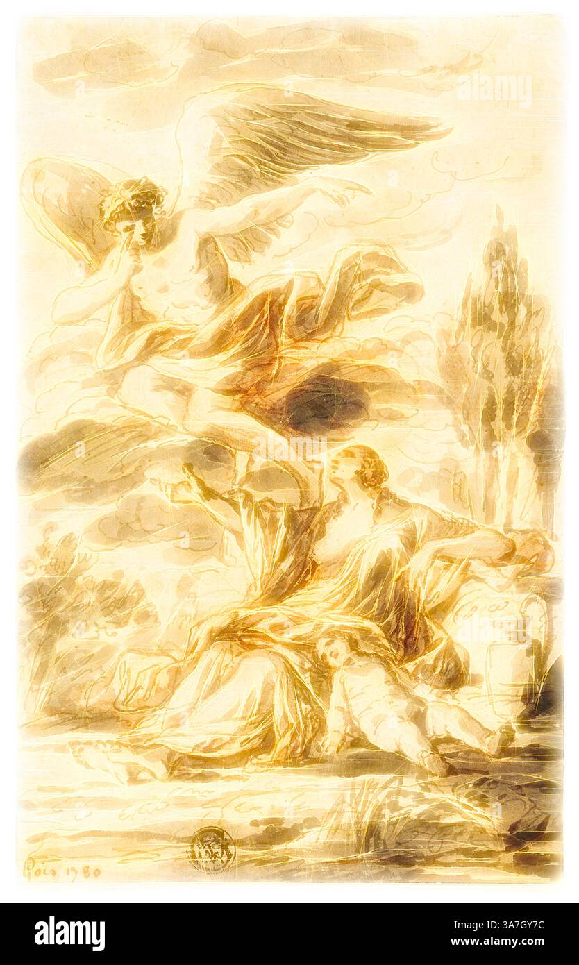 Una figura celeste con ali si libra sopra una scena serena, dove una donna e un bambino sono raffigurati in un momento di contemplazione. La delicata interazione di luce e ombra crea un'atmosfera eterea, enfatizzando temi di amore e protezione in un paesaggio tranquillo. Arte classica con un tocco moderno reinventata da Artotop, Angel appears to Hagar and Ishmael, 1780, Etienne Pierre Adrien Gois, francese, 1731-1823, Francia, penna e inchiostro grigio, con pennello e lavaggio grigio, su gesso rosso, su carta panna Foto Stock