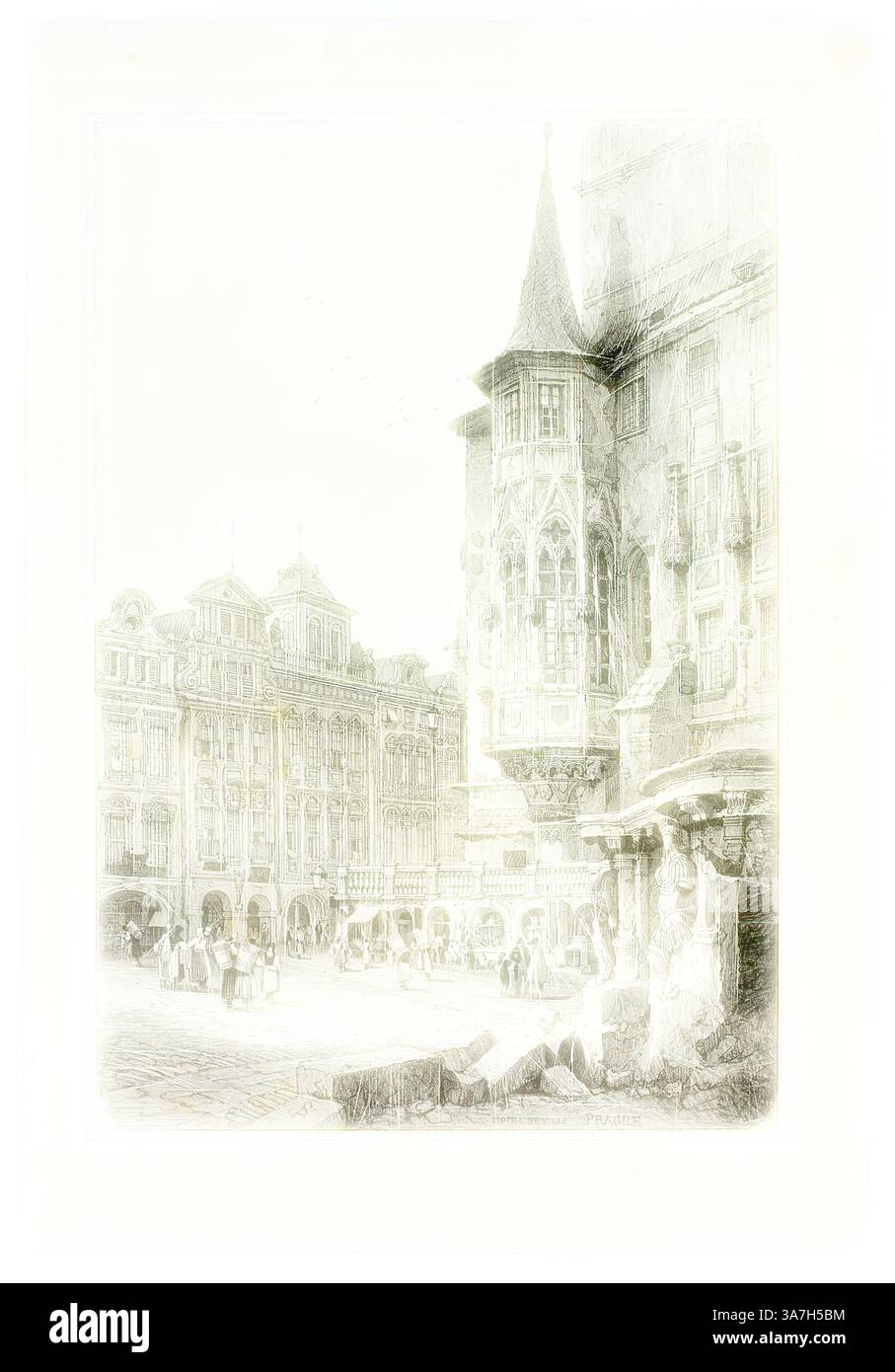 Una piazza storica presenta un'architettura intricata, caratterizzata da edifici ornati con facciate dettagliate e alte guglie. Sotto, le figure passeggiano piacevolmente, aggiungendo un senso di vita all'atmosfera serena e onirica. Arte classica con un tocco moderno reinventata da Artotop, Hotel de Ville, Praga, 1833, Samuel Prout (inglese, 1783-1852), probabilmente stampato da Charles Joseph Hullmandel (inglese, 1789-1850), probabilmente pubblicato da Rudolph Ackermann (inglese, 1764-1834), Inghilterra, litografia in nero su chine grigiastro-avorio, posata su carta tessuta d'avorio Foto Stock