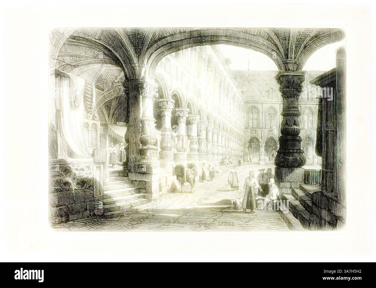 Un tranquillo cortile presenta intricati archi e colonne, dove le persone si impegnano in attività tranquille sotto la grandiosità dell'architettura storica. Ombre e luci giocano sul terreno acciottolato, esaltando il senso di un antico spazio di raccolta. Arte classica con un tocco moderno reinventata da Artotop, Palais du Prince, Liegi, 1833, Samuel Prout (inglese, 1783-1852), probabilmente stampato da Charles Joseph Hullmandel (inglese, 1789-1850), probabilmente pubblicato da Rudolph Ackermann (inglese, 1764-1834), Inghilterra, litografia in nero su chine grigiastro-avorio, posata su carta tessuta d'avorio Foto Stock